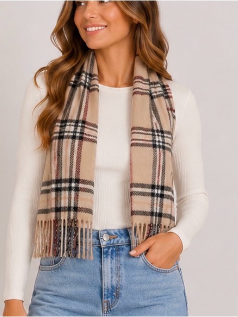 Pierre Cardin Scarf tartan plaid tan/red/black fringe edges